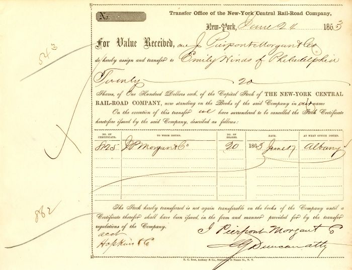 New-York Central Rail-Road Co. issued to J. Pierpont Morgan - Stock Certificate